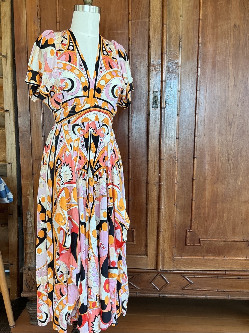 Abstract Print V-Neck Maxi Dress in Pink & Orange